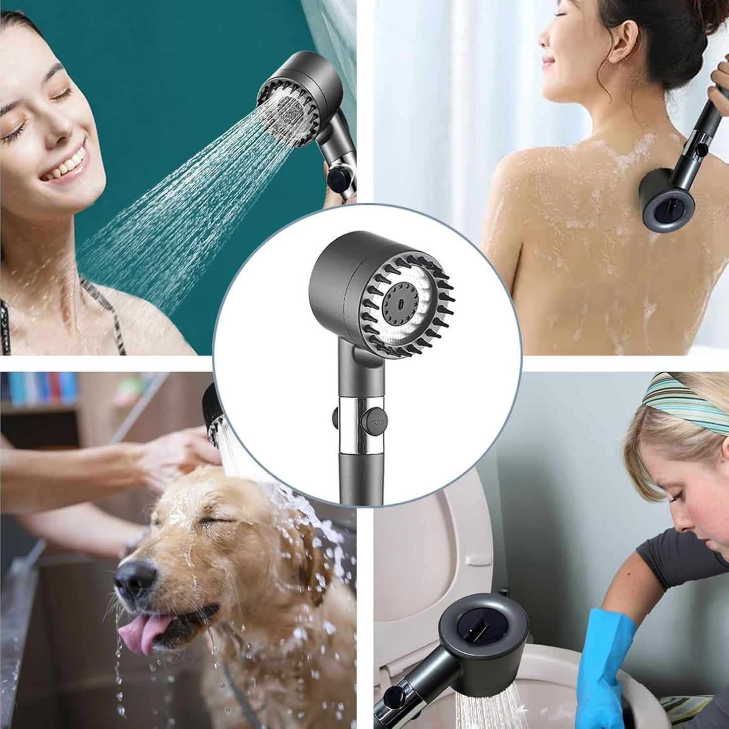 Pommeau de douche Avec Tuyau et Support, haute pression réglable, 3 modes, économie d'eau, arrêt à une touche, massage