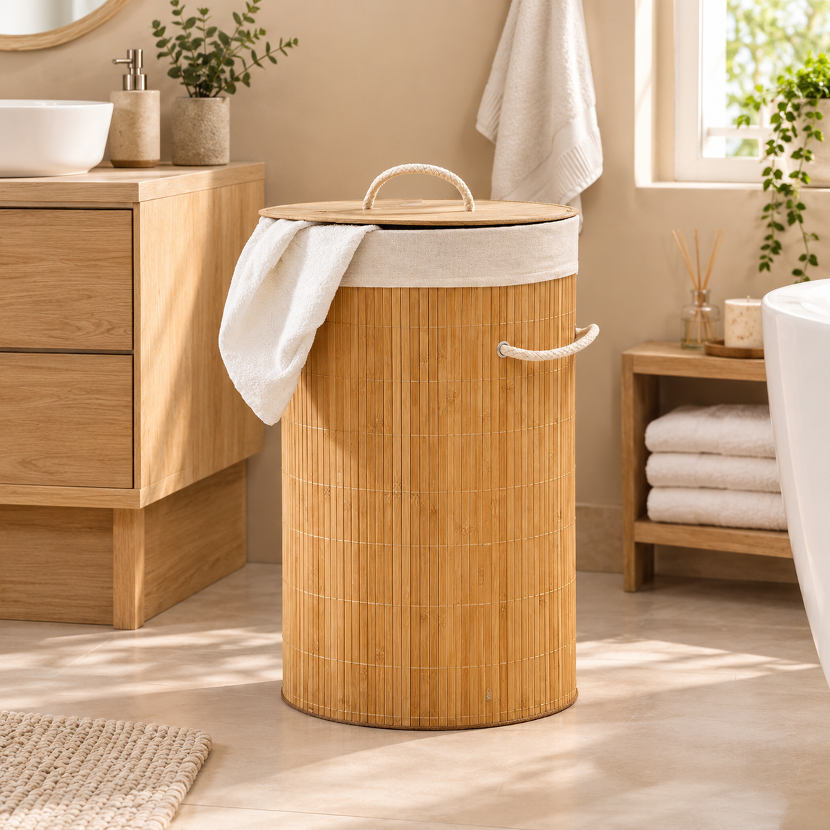 Panier à Linge en Bambou Pliable avec Doublure et Poignées