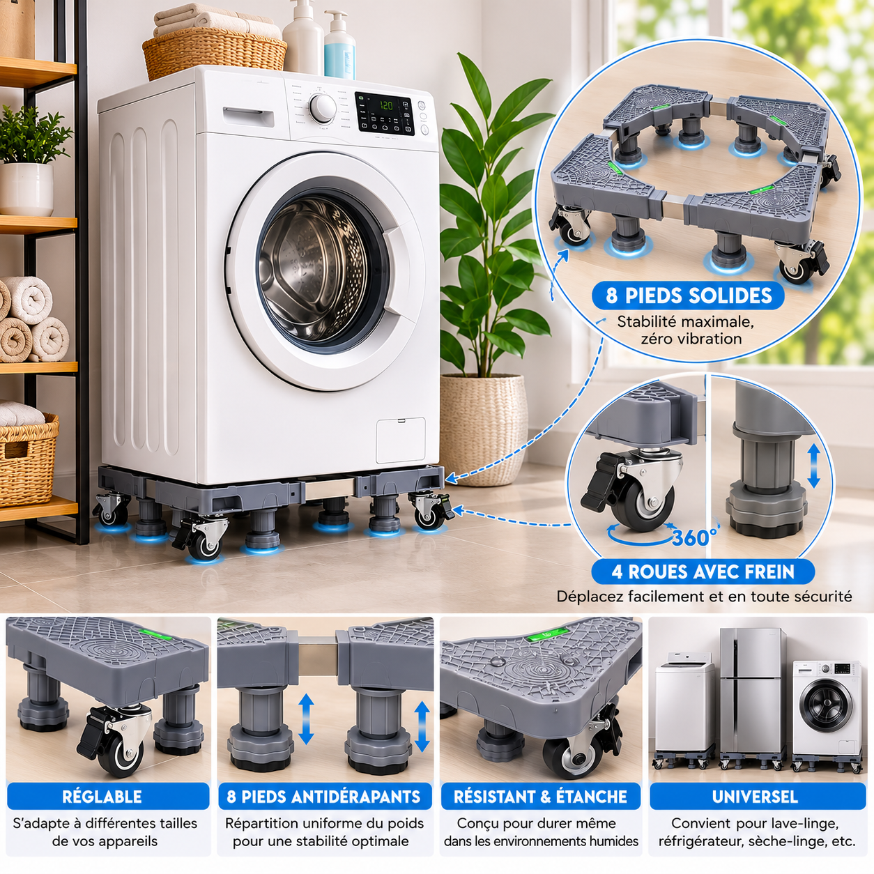 Support Universel Réglable pour Lave-Linge & Réfrigérateur – Facile à Déplacer & Nettoyer