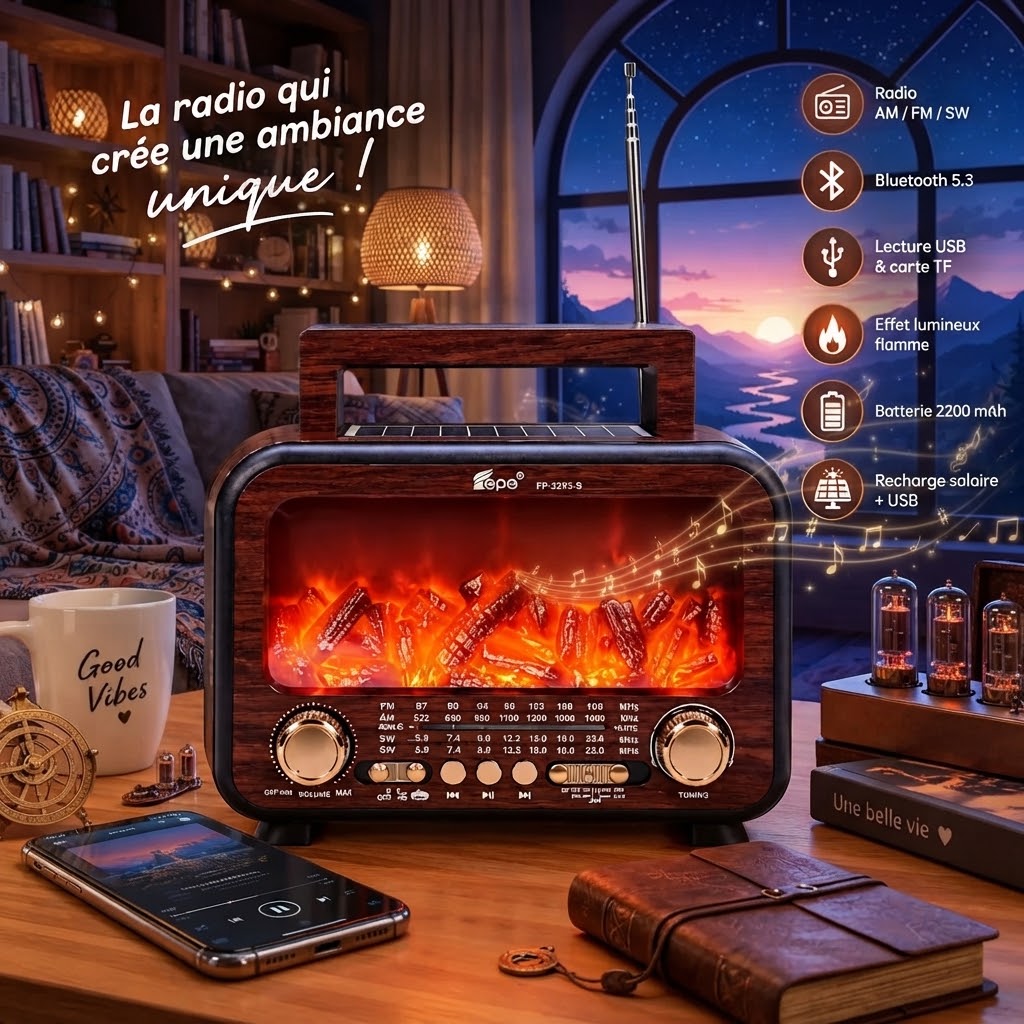 Radio Rétro 4-en-1 – Bluetooth, Lampe Flamme & Recharge Solaire