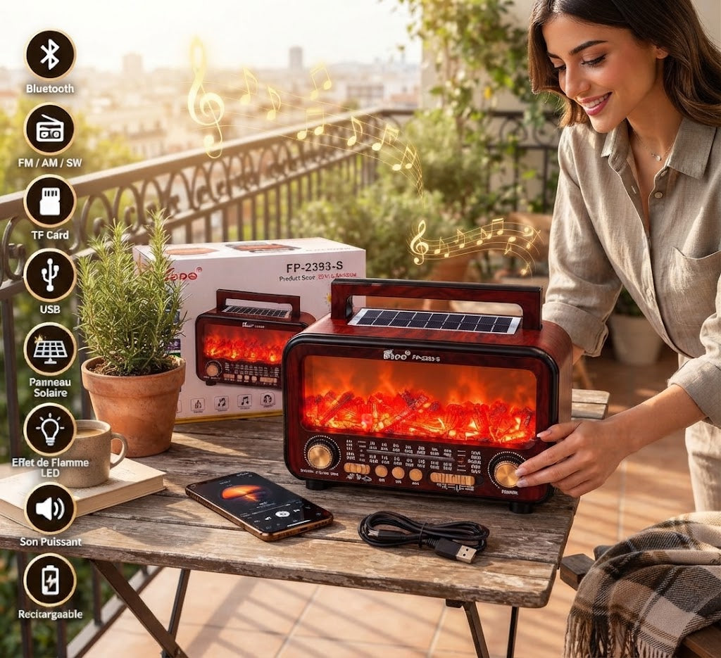 Radio Rétro 4-en-1 – Bluetooth, Lampe Flamme & Recharge Solaire