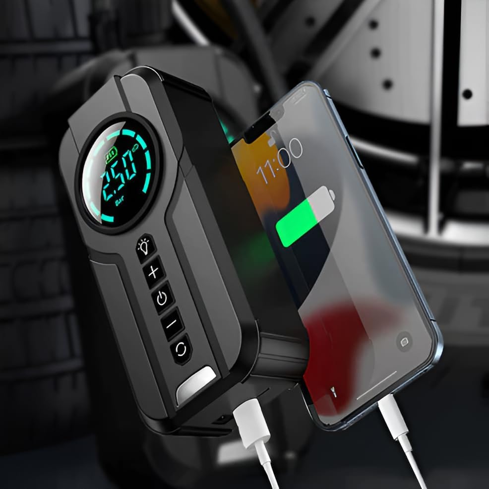 Démarreur de Voiture 4-en-1 avec Compresseur & Power Bank