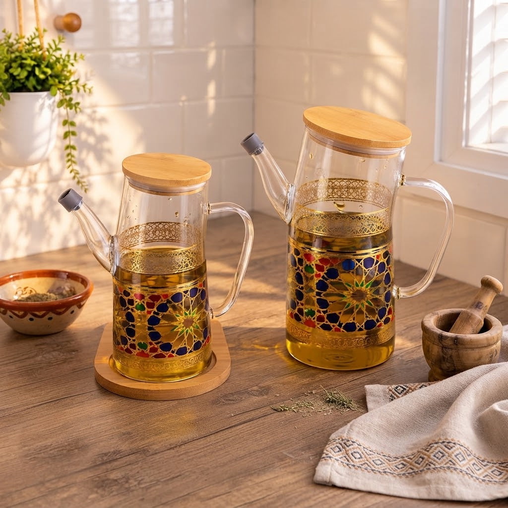 Set de 2 Huiliers en Verre avec Plateau en Bambou – Élégance Marocaine