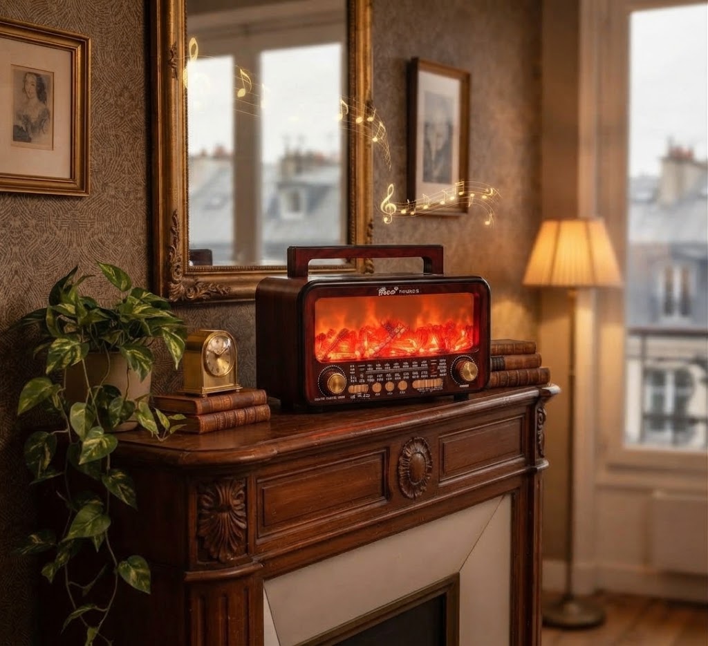 Radio Rétro 4-en-1 – Bluetooth, Lampe Flamme & Recharge Solaire