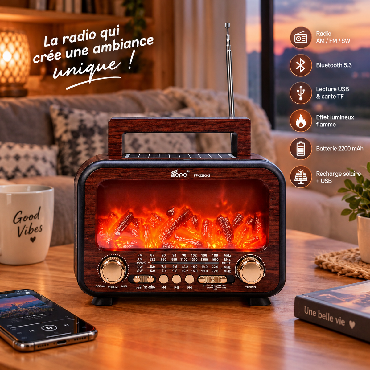 Radio Rétro 4-en-1 – Bluetooth, Lampe Flamme & Recharge Solaire