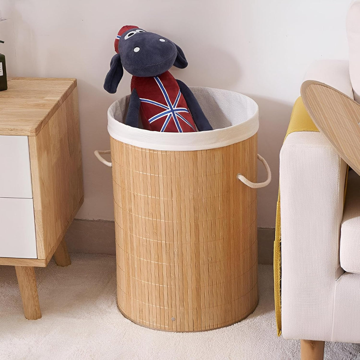 Panier à Linge en Bambou Pliable avec Doublure et Poignées