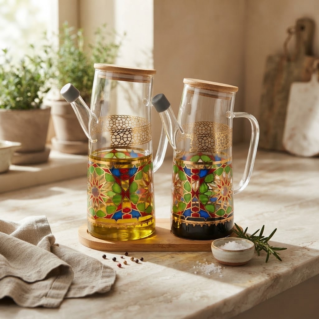 Set de 2 Huiliers en Verre avec Plateau en Bambou – Élégance Marocaine