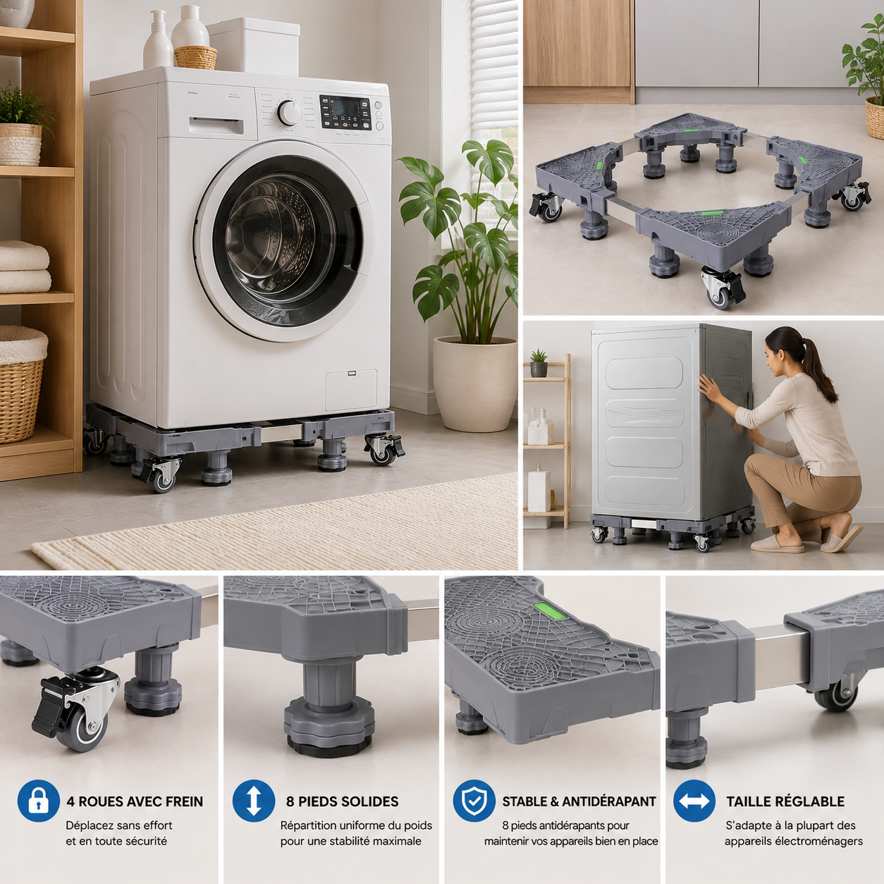 Support Universel Réglable pour Lave-Linge & Réfrigérateur – Facile à Déplacer & Nettoyer