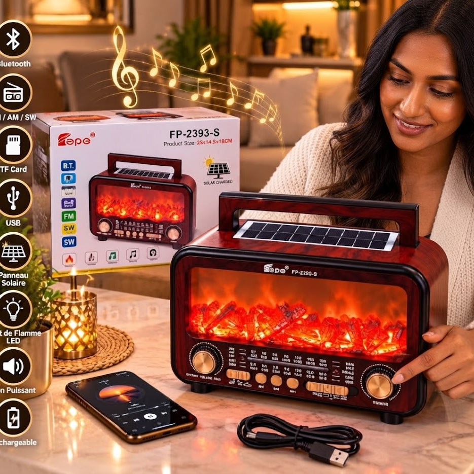 Radio Rétro 4-en-1 – Bluetooth, Lampe Flamme & Recharge Solaire
