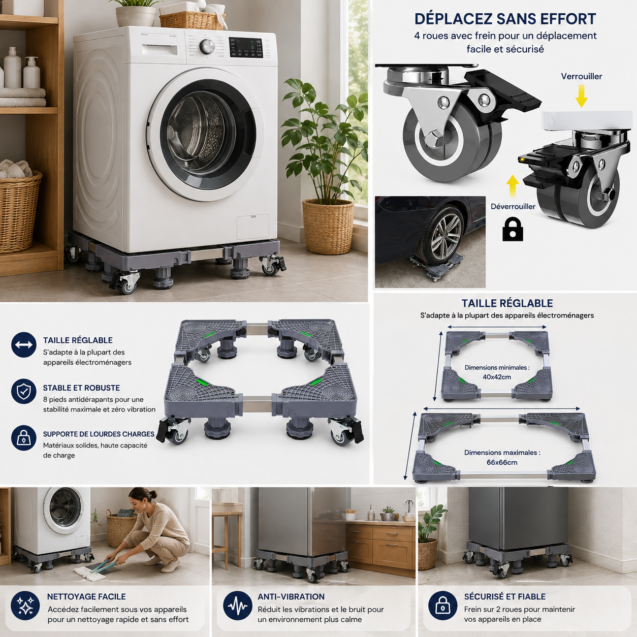 Support Universel Réglable pour Lave-Linge & Réfrigérateur – Facile à Déplacer & Nettoyer