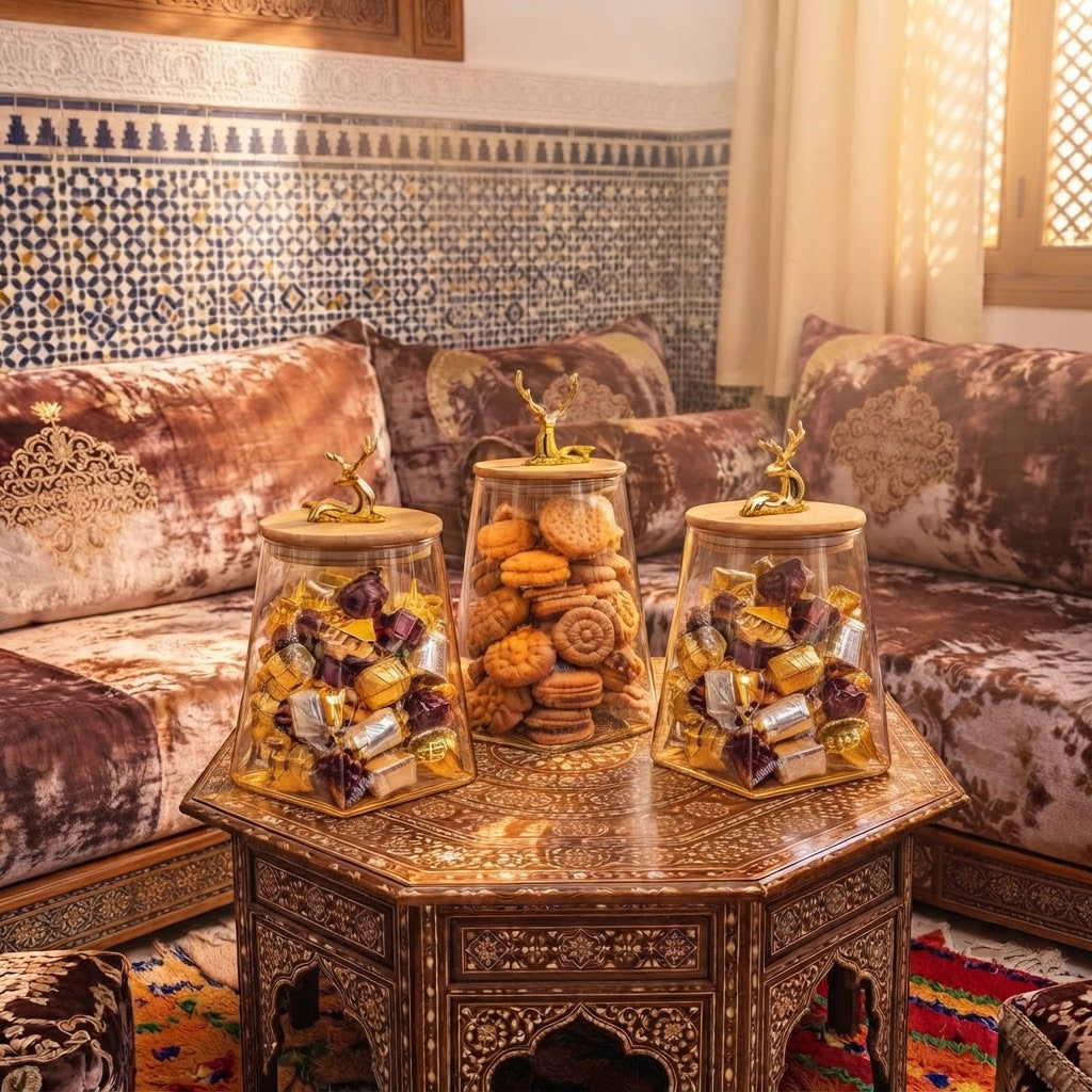 Trio de Bocaux en Verre avec Couvercles Décoratifs et Plateau en Bambou