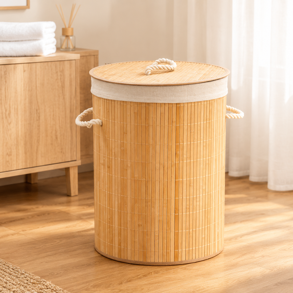 Panier à Linge en Bambou Pliable avec Doublure et Poignées