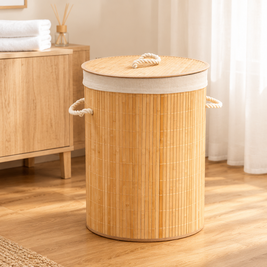 Panier à Linge en Bambou Pliable avec Doublure et Poignées