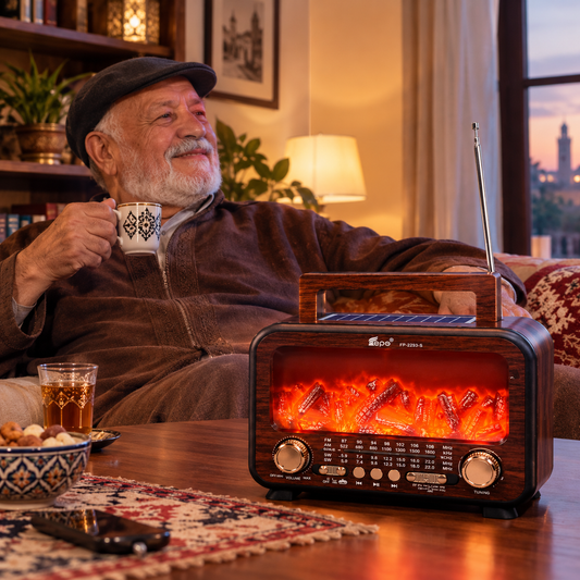 Radio Rétro 4-en-1 – Bluetooth, Lampe Flamme & Recharge Solaire