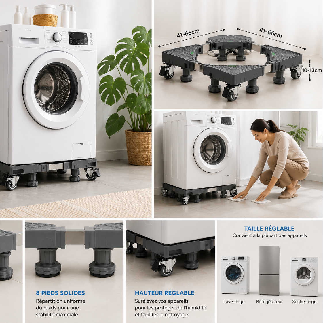 Support Universel Réglable pour Lave-Linge & Réfrigérateur – Facile à Déplacer & Nettoyer