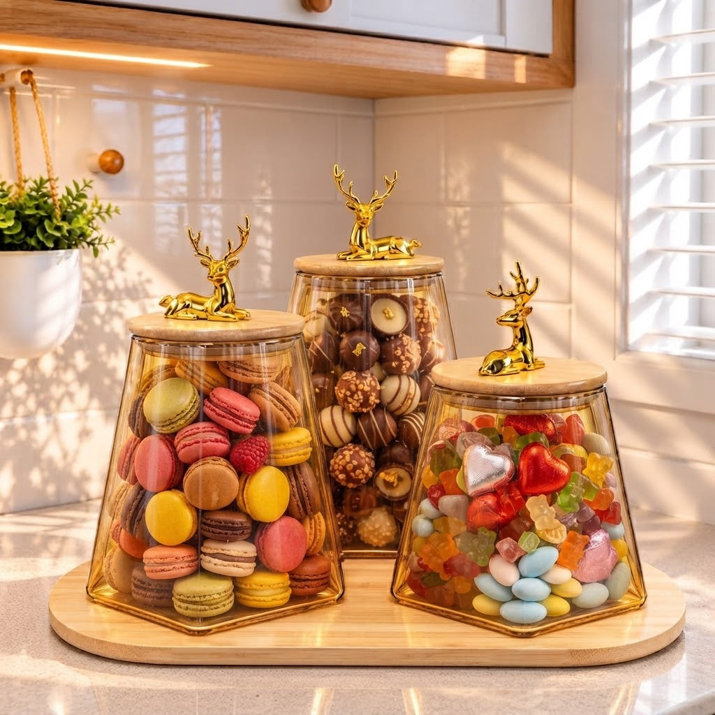 Trio de Bocaux en Verre avec Couvercles Décoratifs et Plateau en Bambou