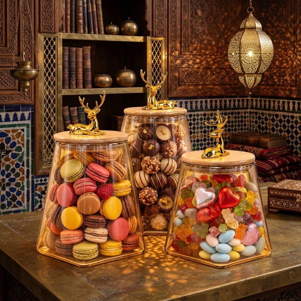 Trio de Bocaux en Verre avec Couvercles Décoratifs et Plateau en Bambou