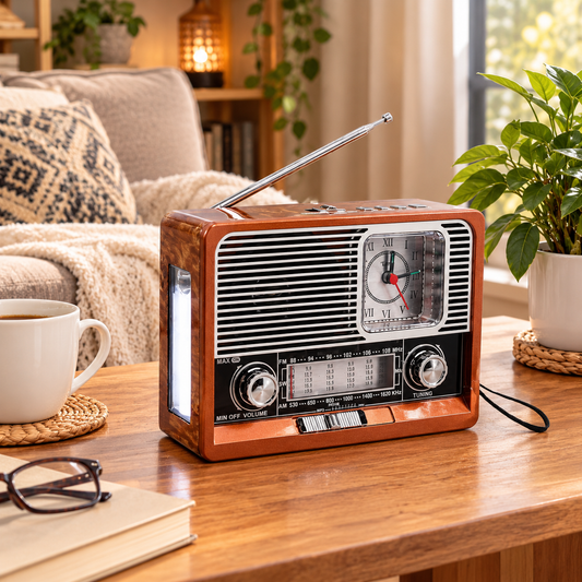 Radio Rétro Multifonctionnelle 4-en-1 – Bluetooth, Horloge & Lampe Torche