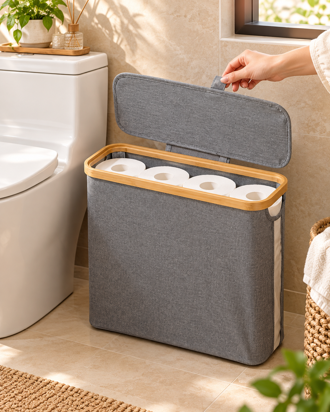 Organisateur de Papier Toilette avec Couvercle en Bambou – Design Élégant et Compact