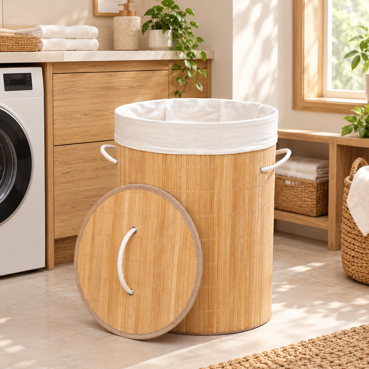 Panier à Linge en Bambou Pliable avec Doublure et Poignées